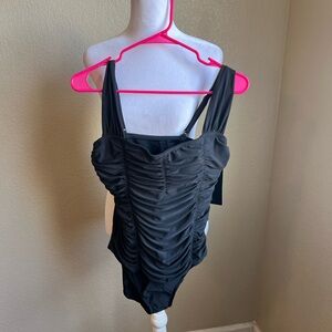 AQUA GREEN black ruched one piece bathing suit | large